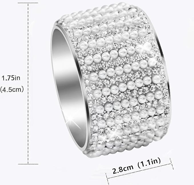 Silver Pearls 6pcs Napkin Rings Rhinestone Crystal Glass Framed Napkin Holder Handmade Serviette Buckles for Christmas, Easter, Thanksgiving Day Wedding Banquet Home Party Decoration Dining Table