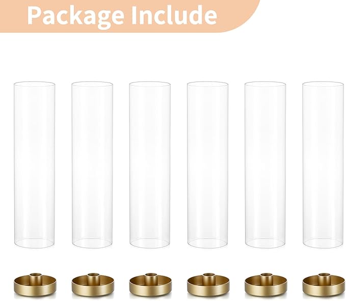 NUPTIO Hurricane Glass Candle Holders: 6 Pcs Gold Metal Taper Candlesticks Holder with 11.81 inch Long Clear Bottomless Cylinder Cover Stands for Wedding Anniversary Bridal Shower Table Centerpiece
