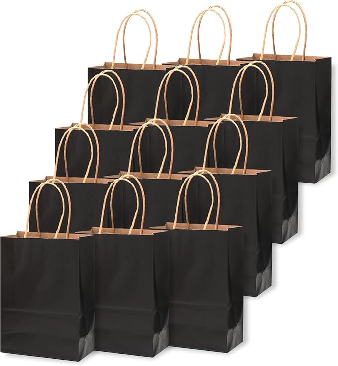 qiqee 25 Pcs Black Mini Paper Gift Bags 6"x4.5"x2.5" with Handles Small Brown Kraft Party Favor Treat Bags Multiple Uses (Mini size)