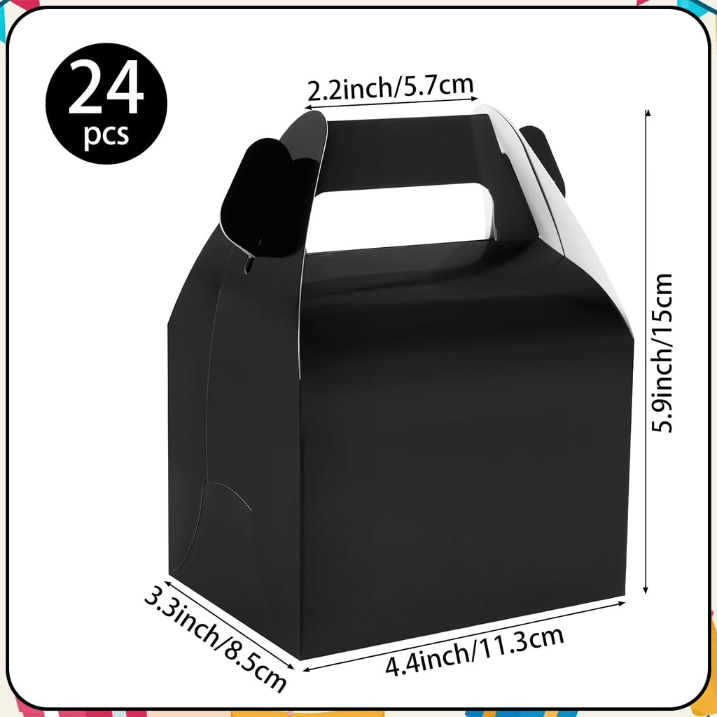 Hooqict 24 Pack Black Party Favor Treat Boxes Paper Gable Gift Boxes with Handles for Party Favors Snack Goodie Candy Cookie Desserts, 6.7x5.1x3.5 Inch
