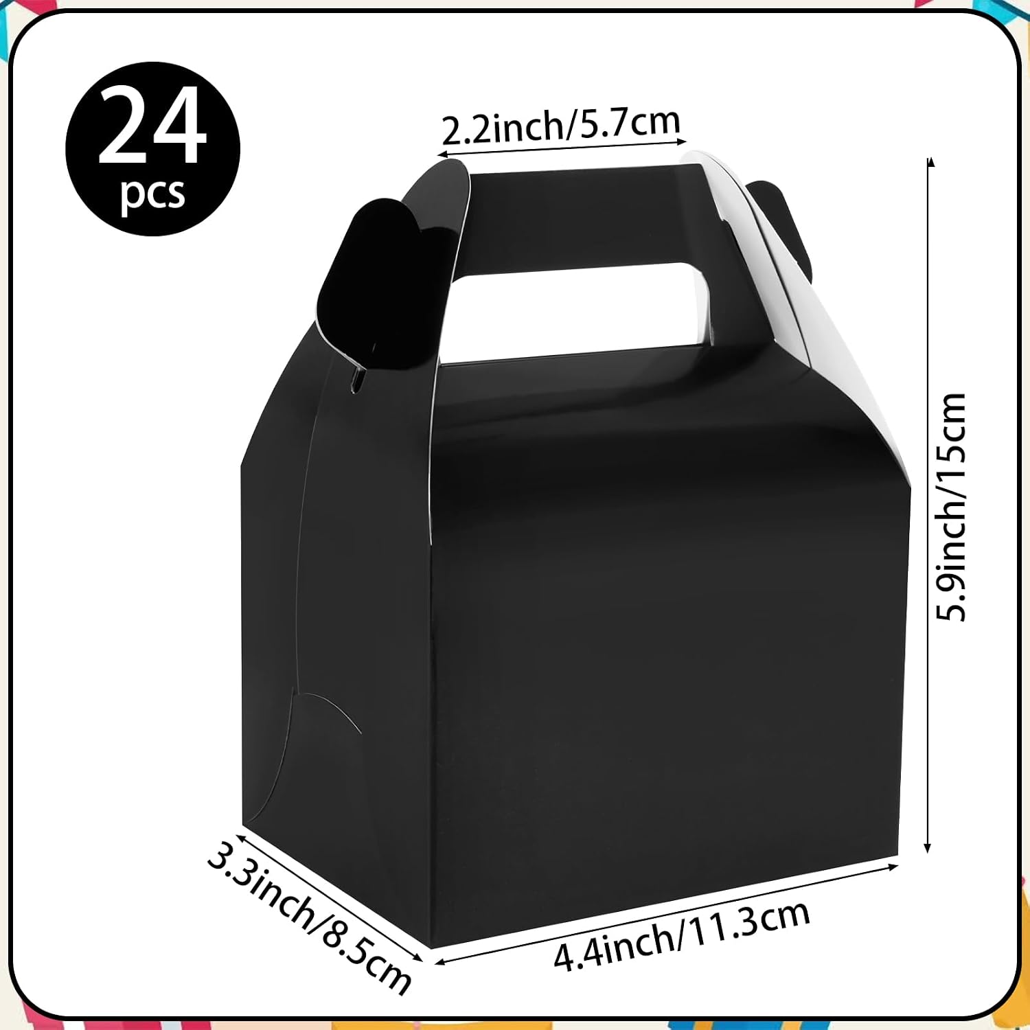Hooqict 24 Pack Black Party Favor Treat Boxes Paper Gable Gift Boxes with Handles for Party Favors Snack Goodie Candy Cookie Desserts, 6.7x5.1x3.5 Inch