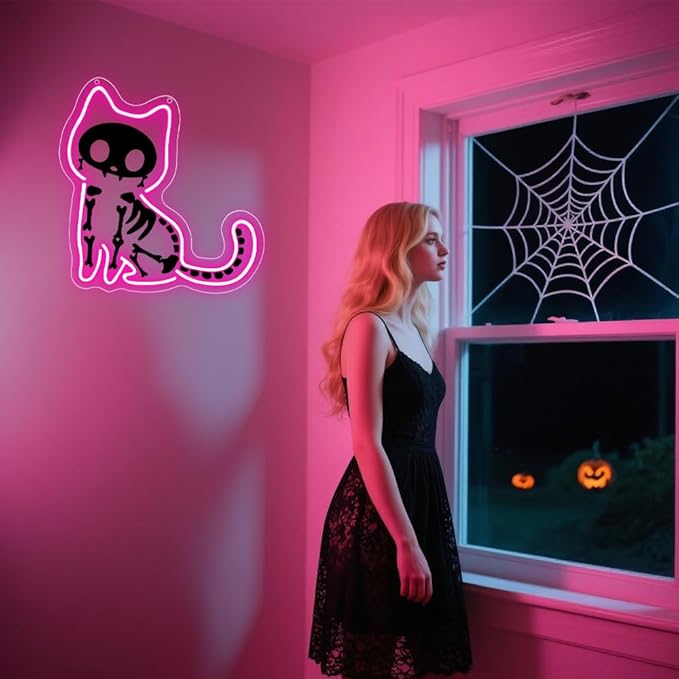 Cat Neon Sign,Pink Dimmable LED Light Signs for Wall Art Decor,Halloween Backdrop for Bedroom Club Party,Animal Gift for Boys Girls Teen USB Powered（11.8"*11.6"）