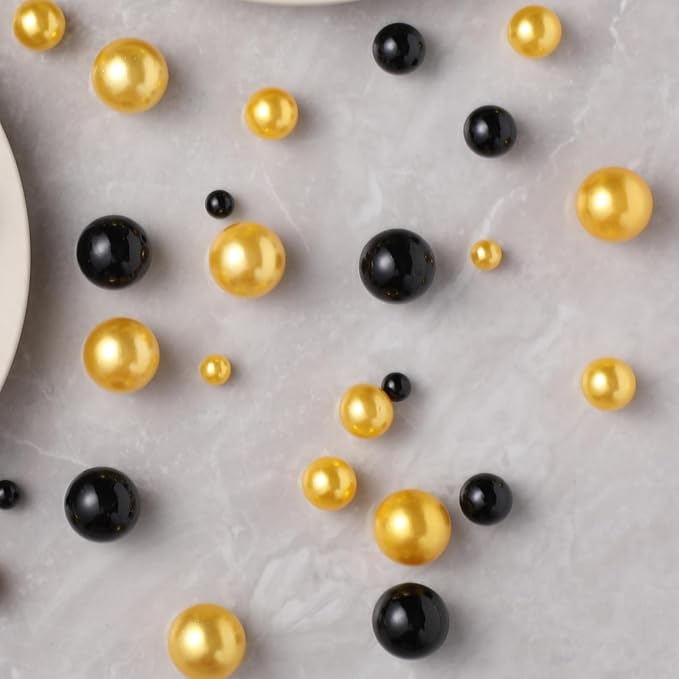 200 Pcs Vase Filler Beads Black and Gold Pearl Beads for Vase No Hole Pearls for Centerpieces Vases Home Table Party Decor Wedding DIY 8/14/20mm