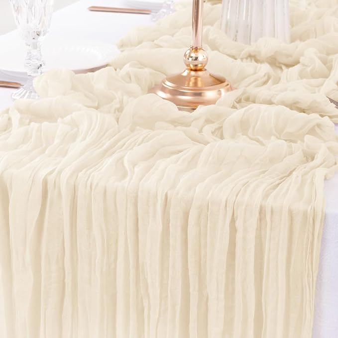 12Pcs Beige Cheesecloth Table Runner 120 Inch10FT Beige Rustic Boho Cheesecloth Table Runnerfor Wedding Party Baby Shower Birthday Home Decor Holiday Decorations