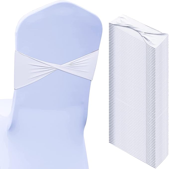 Kinlop 50 Pcs Spandex Chair Sashes Bows Chair Bands Slider Sashes for Covers Elastic Bands Ties Without Buckle Decorations for Wedding Party Events Ceremony Birthday(White)