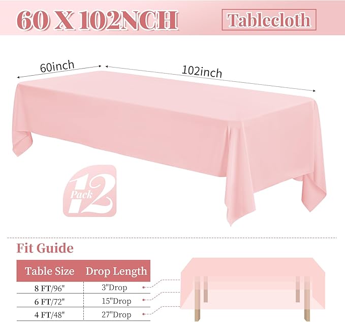 12 Pack 60 x 102 Inch Rectangle Tablecloth Pink Polyester Tablecloth for 6 Feet Rectangle Tables,Washable Fabric Table Cloth for Wedding Dining Table Buffet Parties Camping