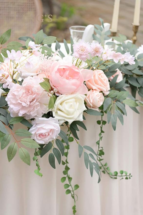 Ling's Moment 9FT Flower Garland for Backdrop Decorations - Wedding Arch Flowers, Eucalyptus & Rose, Artificial Floral Garland for Mantle - Sweetheart Table Decor for Ceremony Reception, French Pink