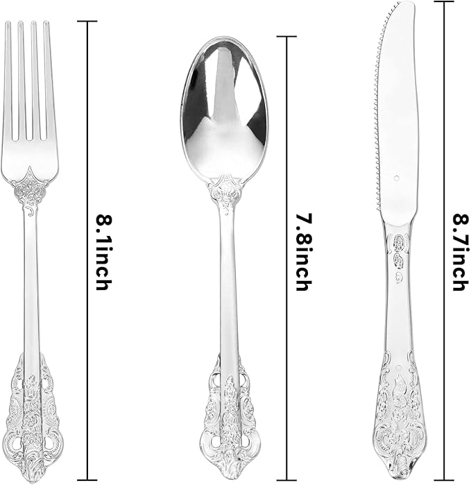 WDF 120PCS Silver Plastic Silverware - Heavy Duty Silver Plastic Cutlery Set - 40 Forks, 40 Spoons, 40 Knives, Perfect for Christmas Parties/Weeding