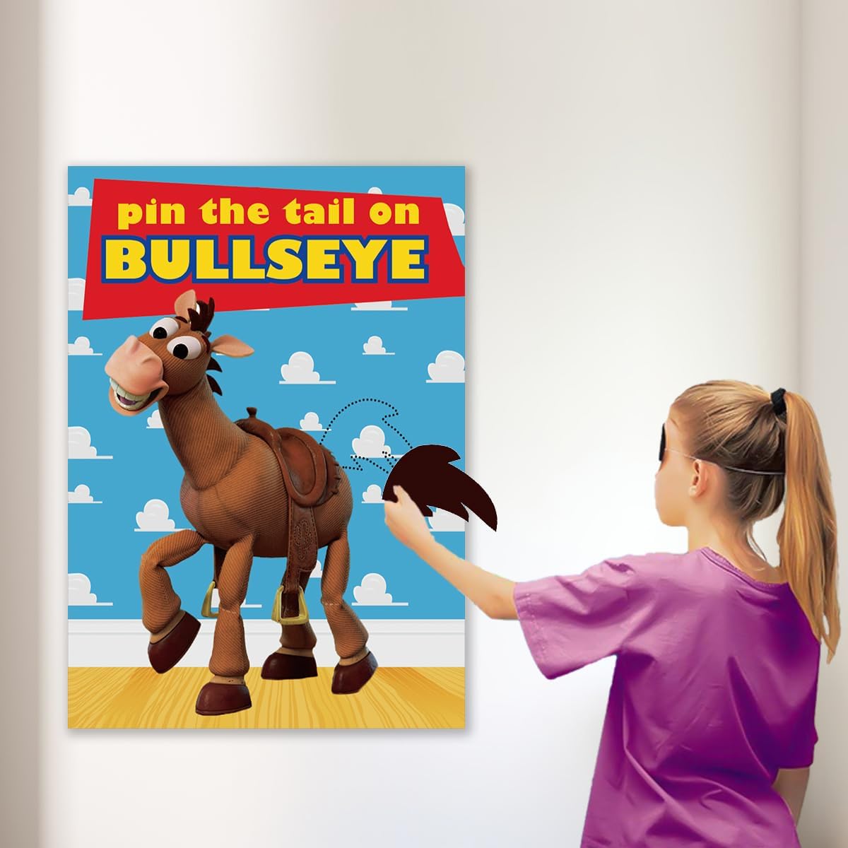 Toy Inspired Stories Party Supplies, Pin The Tail on The Bullseye Party Game, Large Poster 24PCS Reusable Tail Stickers for Kids Boys Birthday Party, Toys 4th Party Favors