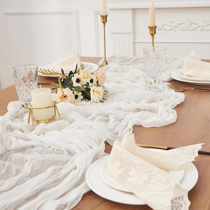White 12 Pack Cheesecloth Table Runner 120 Inch 10 FT Boho Rustic Gauze for Wedding Baby Shower Party Farmhouse Summer Home Decor Washable