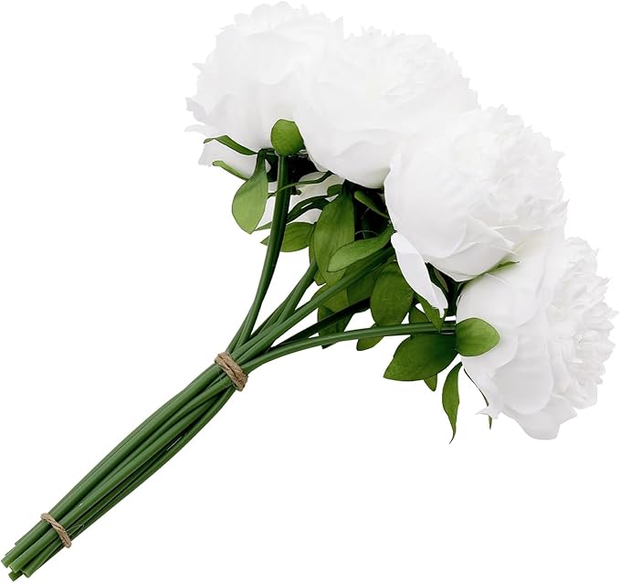 U'Artlines Artificial Peony Silk Flower with Stems 10pcs Real Look Vintage Peonies for Home Wedding Decoration(Pure White)