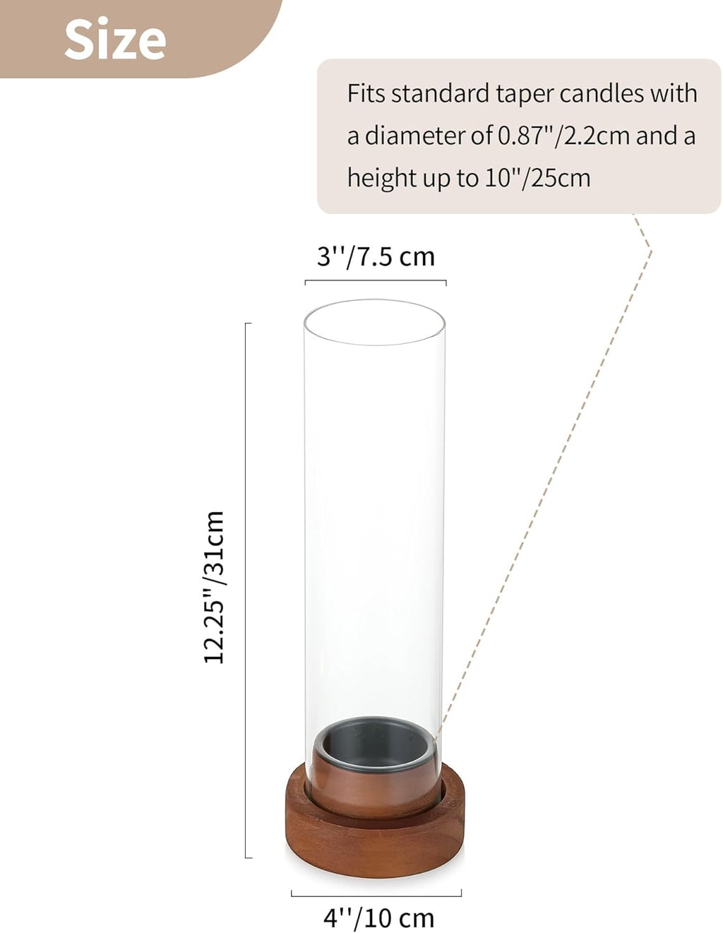 NUPTIO Hurricane Glass Candle Holders with Wax Catchers, Dripless, Set of 2 | Metal Bobeches Catch Drips, Clear Chimney Glass, Brown Wood Bases, for Modern Weddings, Dining Tables, Easy Clean and Reuse