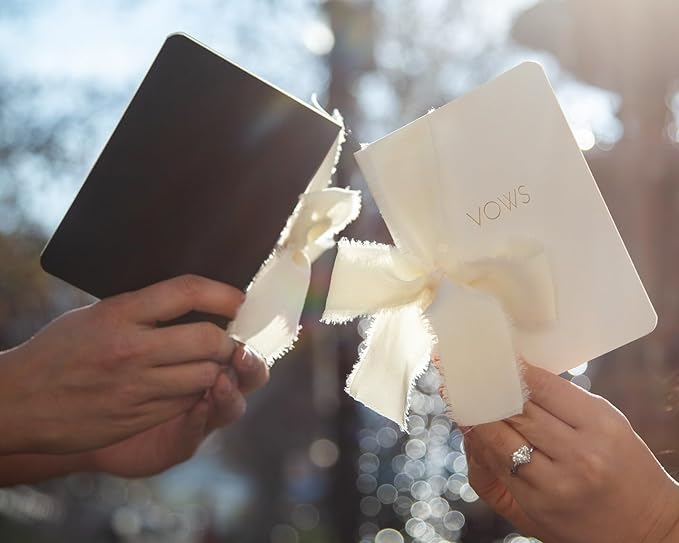 Black White Embossed Slim Vow Books w/Ribbon (Set of 2) - 5.625 x 4 Minimalist Pocket Sized Embossed Wedding Ceremony Vow Renewal Speech Notebook Journal
