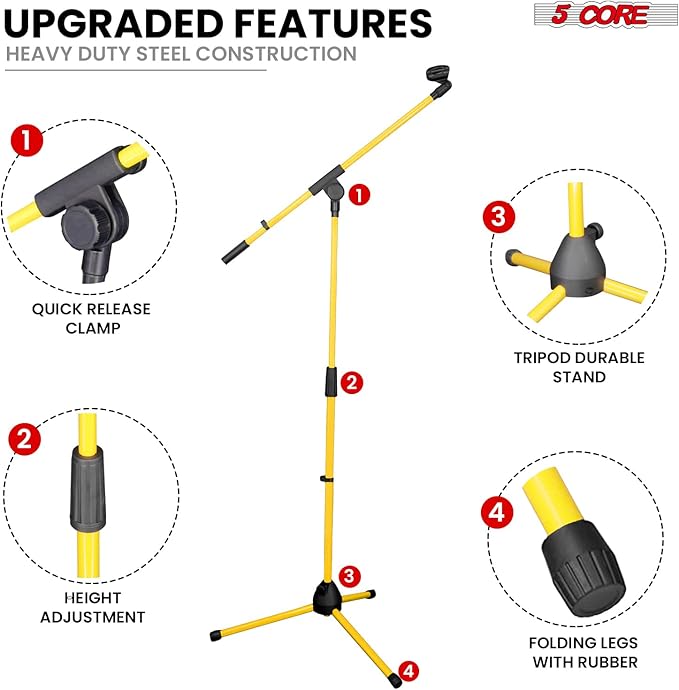 5 Core Tripod Mic Stand Floor Adjustable 18 to 72 Inches Sturdy Boom Arm Holder Microphone Stands Pedestal Para Microfono for Singing - MS 080 YLW