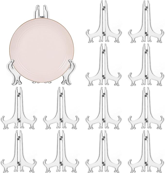 12 Pack 7 Inch Clear Plastic Easels or Stand/Plate Holders to Display Pictures or Other Items at Weddings, Plate Stands for Home Decoration, Birthdays, Tables