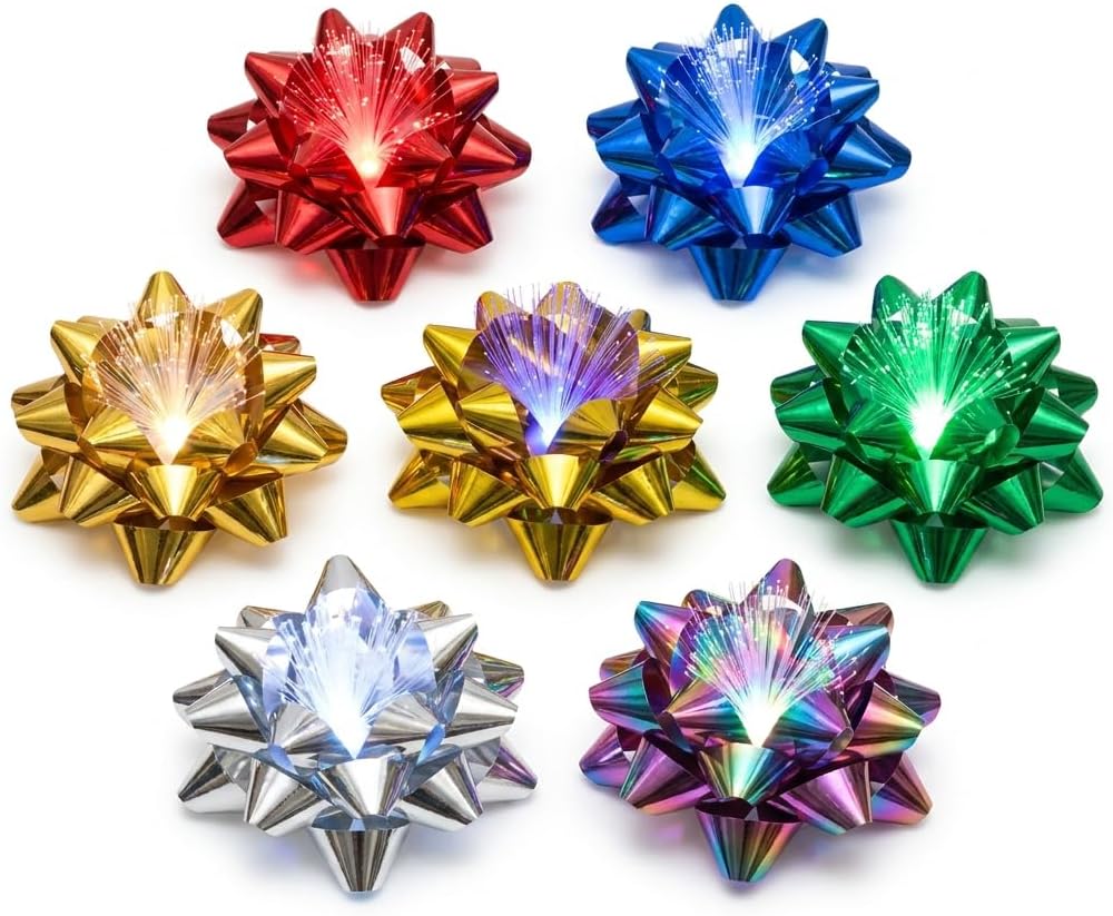 Light Up Glowing Gift Bows, 6 Iridescent LED Ribbon Bow for Gift Packaging and Decorations- LED Glowing Gift Ribbon Flower Bows, Self Adhesive