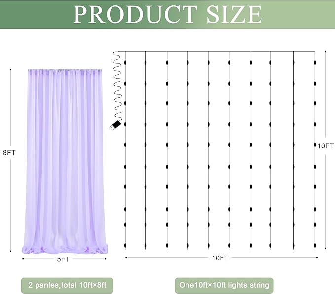 Tulle Backdrop Curtain with Lights String 10FT X 8FT Lavender Sheer Tulle Backdrop Curtains for Wedding Birthday Party Reception Photo Booth Background Decorations (2 Panels 5x8FT)