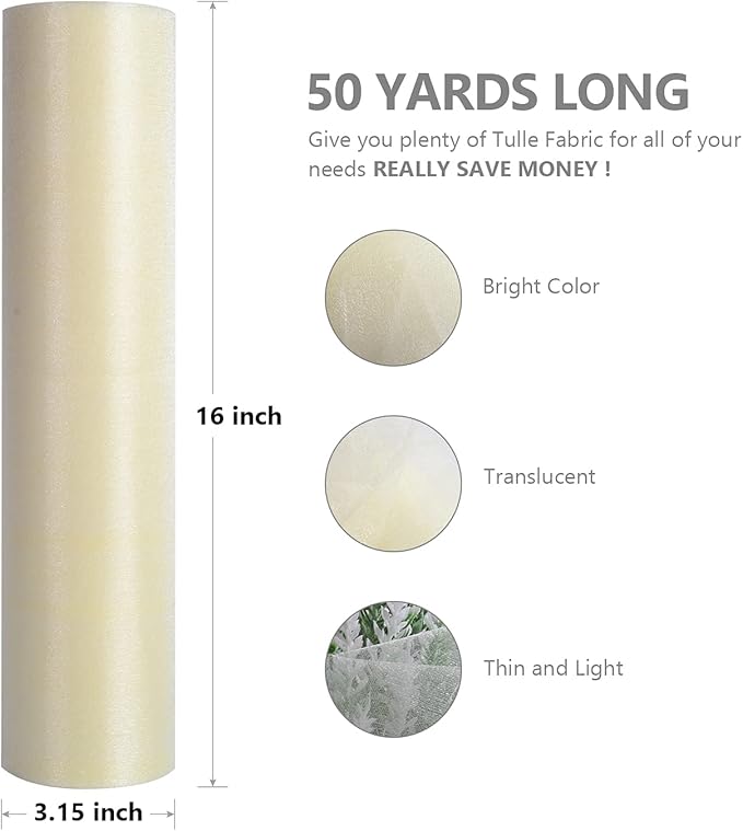 Crystal Organza Fabric Tulle - 16" by 50 Yards Sheer Fabric for Wedding Party Decoration Bridal Shower Tutu Roll Netting Spool Ribbon Wrapping (Ivory)