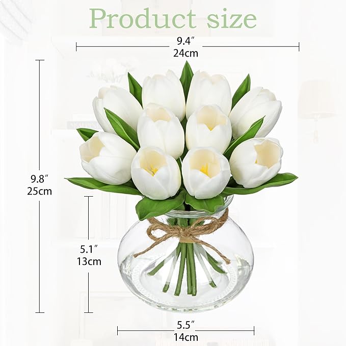 DILATATA Tulips Artificial Flowers in Vase White Fake Flowers Centerpiece with Glass Vase with Faux Water Faux Tulip Bouquet Floral Arrangement for Table Home Office Decor Wedding Thanksgiving