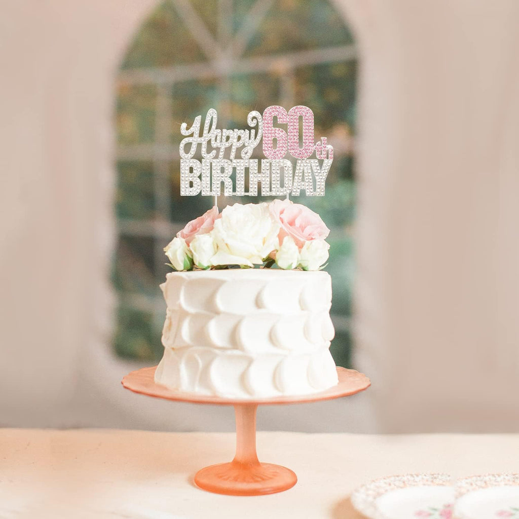 Happy 60th Birthday Pink & Silver Rhinestone Cake Topper - Cheers to 60 Years Old Sixty Bday Metal Sparkly Cake Centerpieces Topper Decorations Sign.