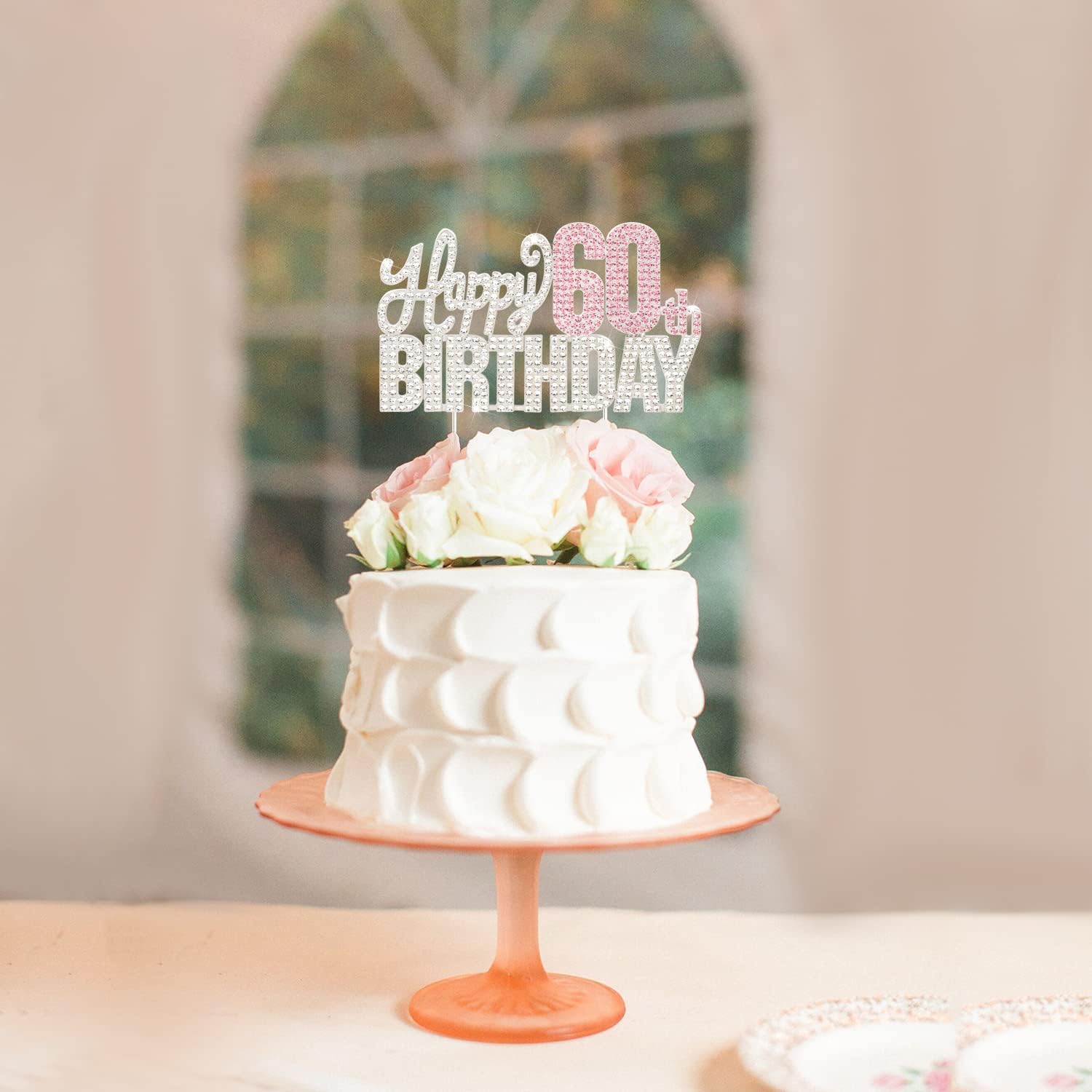 Happy 60th Birthday Pink & Silver Rhinestone Cake Topper - Cheers to 60 Years Old Sixty Bday Metal Sparkly Cake Centerpieces Topper Decorations Sign.
