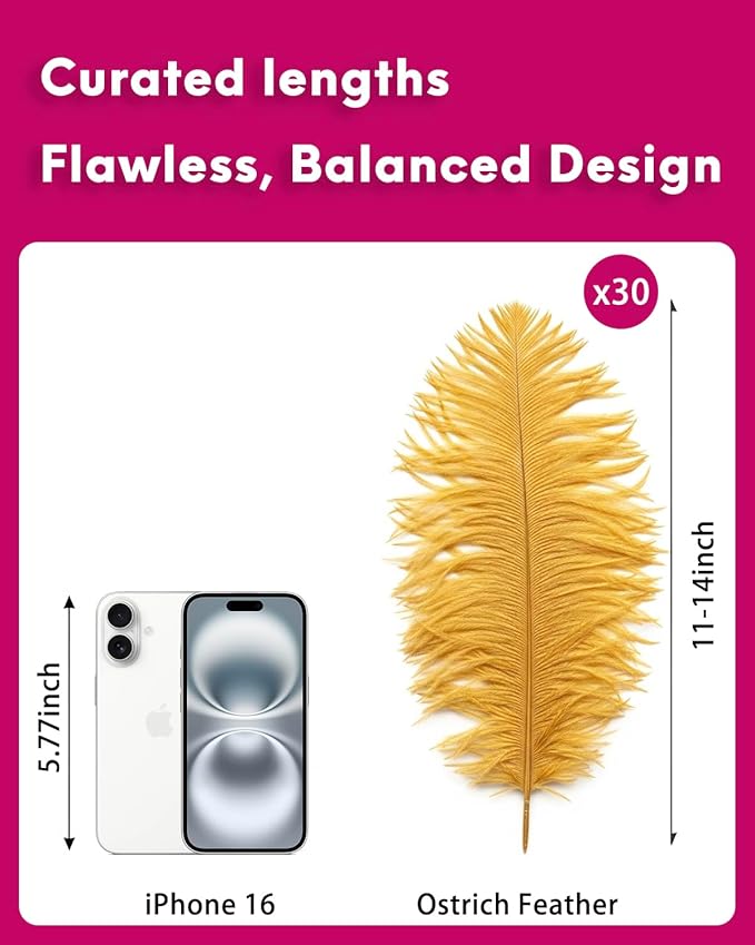 NEWONG 30pcs Gold Ostrich Feathers Natural Bulk 11-14inch(28-35cm) Vase Craft Wedding Home Party Centerpieces Christmas Day Decoration