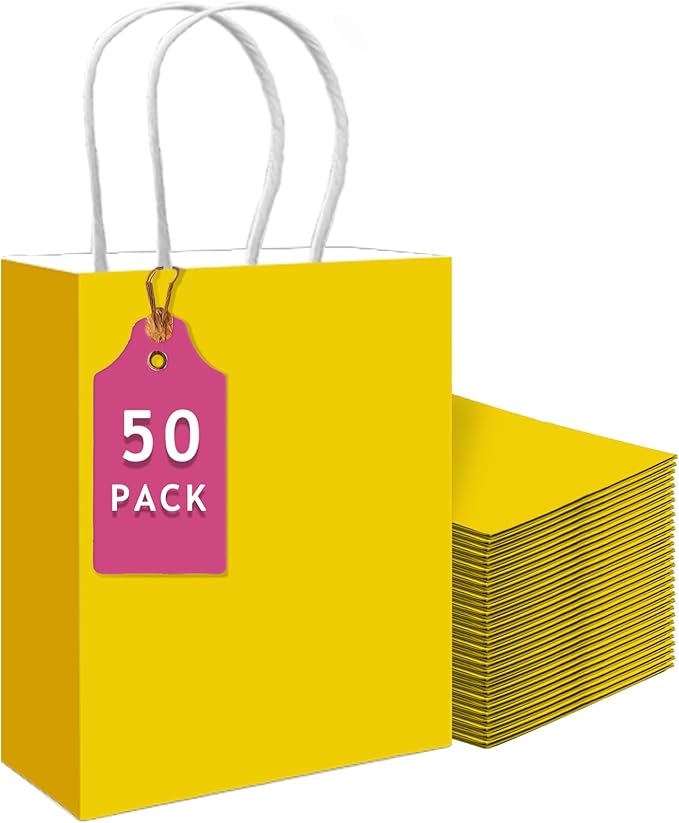 qiqee 50-Packs Bright Yellow Paper Gift Bags with Handles Bulk 13"x10.3"x4.6" Large Size Party Favor Bags Multiple Uses