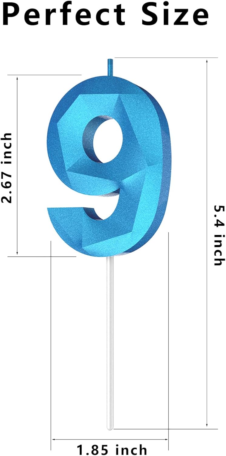 Number Birthday Candles(9 Candle Blue) 3D Diamond Shape Number Happy Birthday Cake Candles for Birthday Party Wedding Decoration Reunions Theme Party