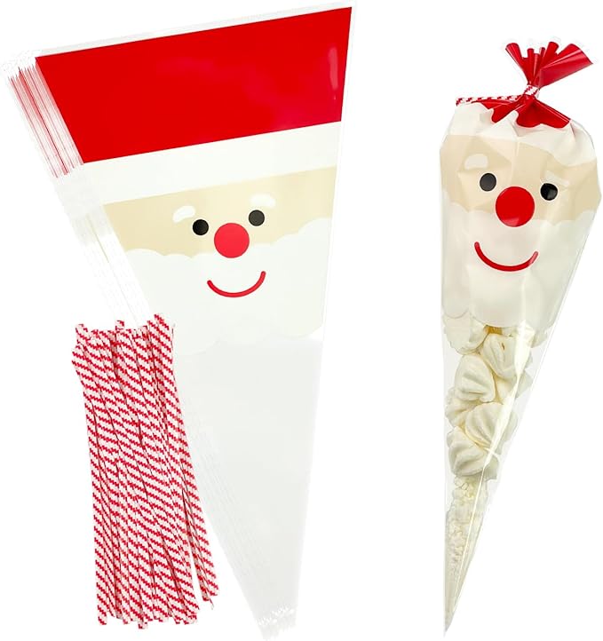 EKAPACKAGING 50Pcs 6.3x11.8 Inches Santa Print Cone Shaped Treat Bags with Ties, Christmas Clear Cellophane Bags, Party Favor Bags for Popcorn, Cookies, Cotton Candy, Gift, and Pretzel Rod