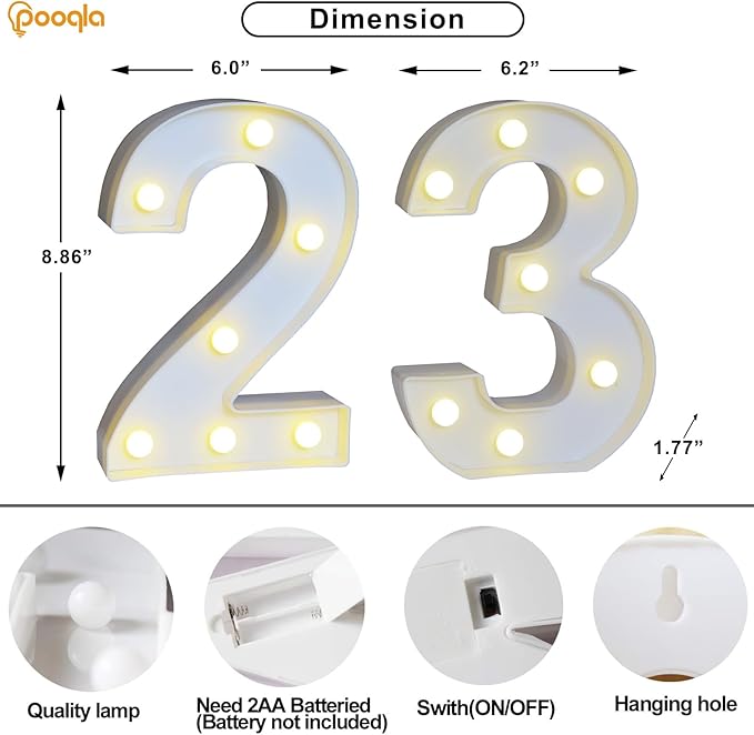Pooqla Decorative Led Light Up Number Letters, White Plastic Marquee Number Lights Sign for 23th Birthday Party Wedding Decor Battery Operated Number (23)