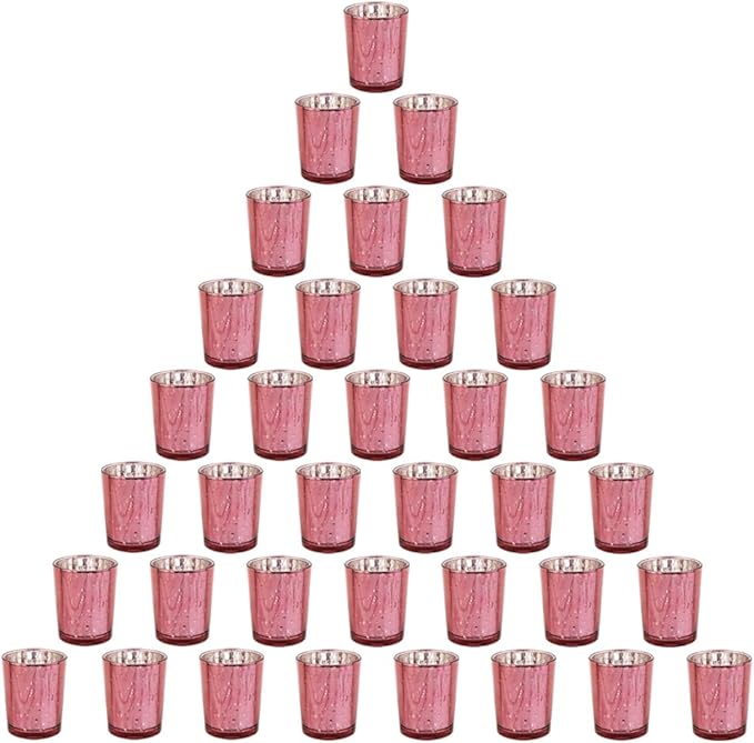 Pink Mercury Glass Tea Light Holders Set of 36 - Elegant Votive Candle Holders for Weddings, Showers and Home Decor - Perfect for Table Centerpieces and Parties (Glass, Pink)