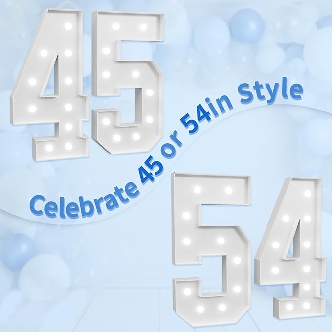 Marquee Numbers Large 45th-Birthday Decorations: 4ft Light Up Number Party Decor 45 Year Old Women And Men 54th Birthday Decoration Backdrop 54 Anniversary Cardboard Big Mosaic Balloon Frame Number 45