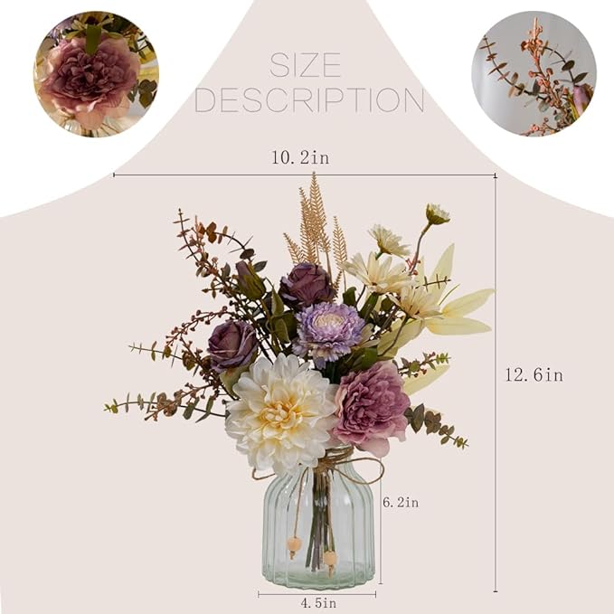 LESING Dahlia Flower Aritificial Flower with Vase Fake Silk Flowers in Glass Vase Faux Rose Flowers Arrangement for Home Office Table Centerpiece Decoration (Purple)