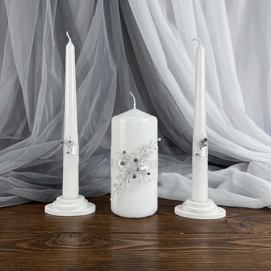 Unity Candle Set - Wedding Ceremony & Reception – 6” Pillar & Two 10” Taper Candles – Long Burning Unity Candles for Marriage Ritual – Handmade in USA –Diamond | White