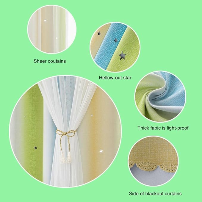 FANLI Ombre Rainbow Blackout Curtains for Kid Girls Bedroom Living Room Darking Stripe Double Layer Star Cut Out Wall Home Decor Gradient Grommet Window Curtains （Blue Green 52Wx63L）