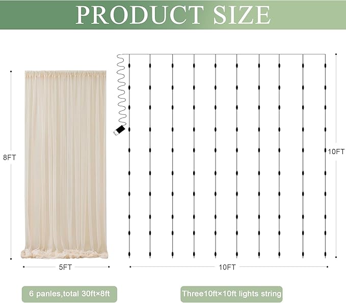 Tulle Backdrop Curtain with Lights String 30 X 8FT Champagne Sheer Tulle Backdrop Curtains for Wedding Birthday Party Reception Photo Booth Background Decorations (6 Panels 5x8FT)