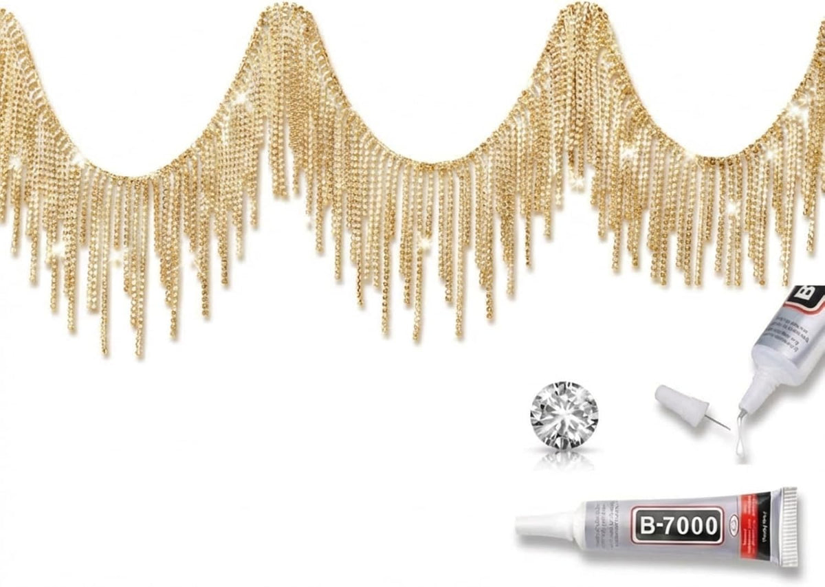 MTLEE Rhinestone Fringe Trim Fringe Belt, 4 Yard, Champagne
