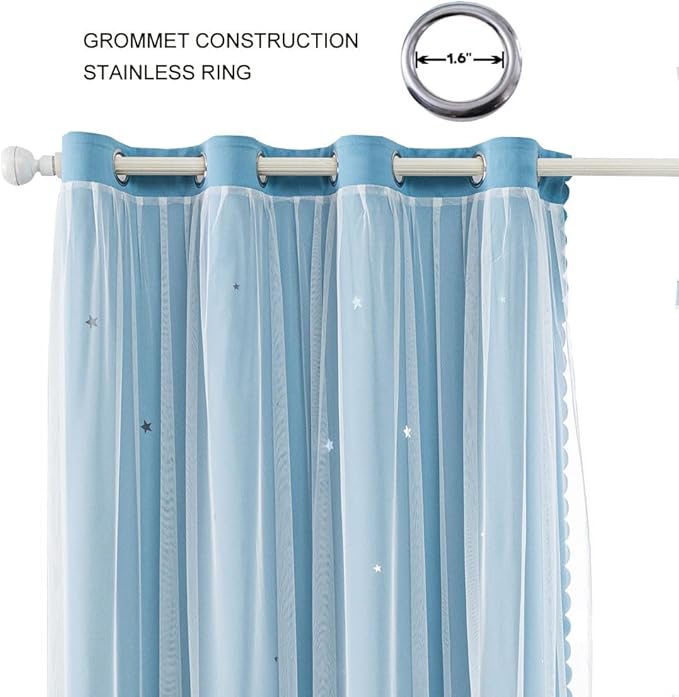 FANLI 2 Panels Star Blackout Curtains for Kid Girls Bedroom Living Room Darking Stripe Double Layer Star Cut Out Wall Home Decor Gradient Grommet Window Curtains (Blue 72L)