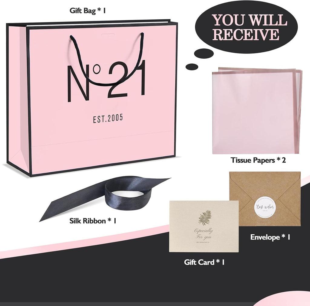 QLSKO 13" Birthday Gift Bag with Card Envelope Sticker Bow Ribbon and Tissue papers for Women Girls Design with Handles,13th-100th (EST.2005 21st, 13" W x 10.5" H x 4.3" D)