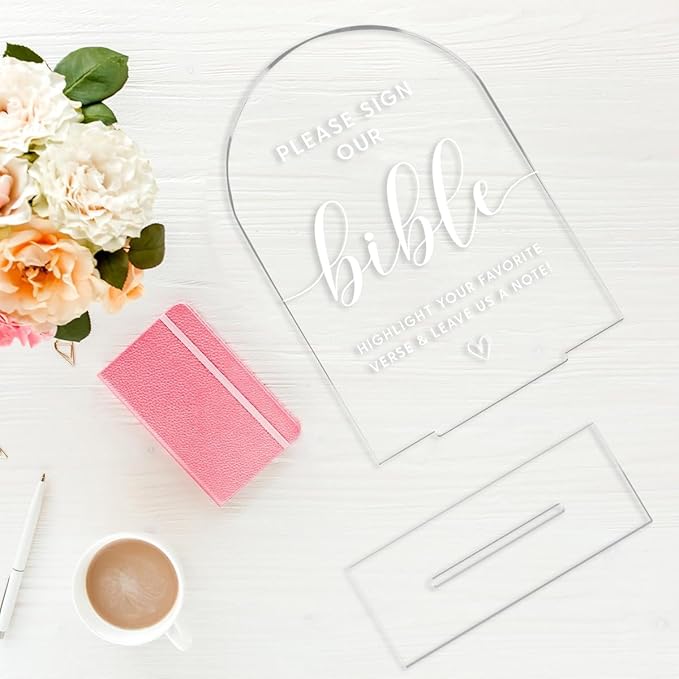 Wedding Decor，Bible Guestbook Sign,5 x 7 Inch Arch Acrylic Sign, Wedding Sign for Ceremony and Reception, Wedding Decorative Signage For Table Decor (White)