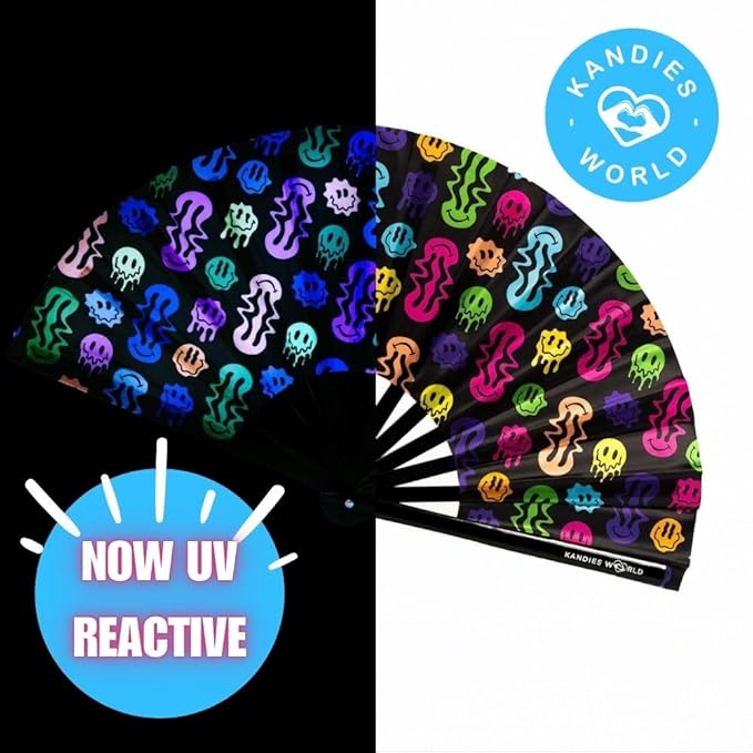 Kandies World UV Reactive Custom Festival Folding Hand Fan - Unique Designs, Made of Bamboo, Clacking Sound, Lightweight - Perfect Rave and Festival Accessory!