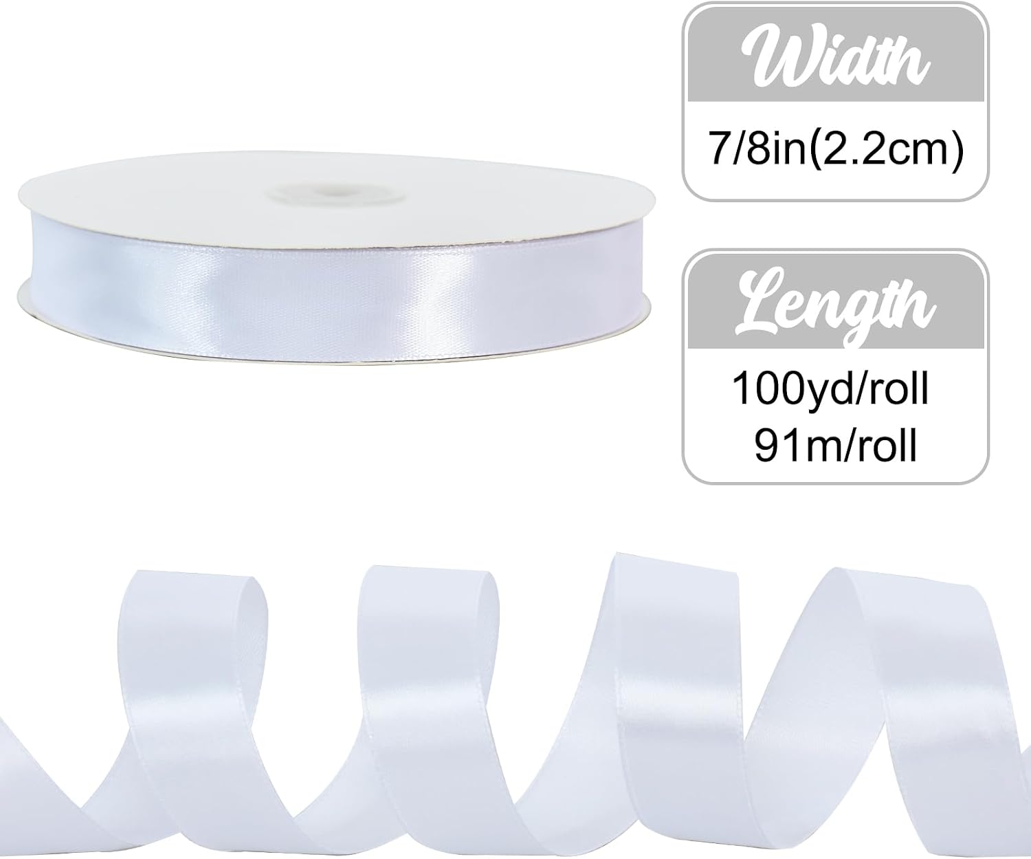 TONIFUL 7/8 Inch 100yds White Satin Ribbon Thin Solid Fabric Ribbon | perfect for crafts lei making gift wrapping bows invitations bouquets, for Christmas Halloween wedding & Valentine’s decor