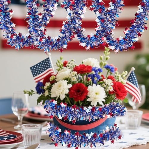 4th of July Red White Blue Star Tinsel Garland - 33 Ft Memorial Day Patriotic Decoration Independence Day Metallic Tree Garland Glitter Tinsel Hanging Twist for Veterans Day Decor