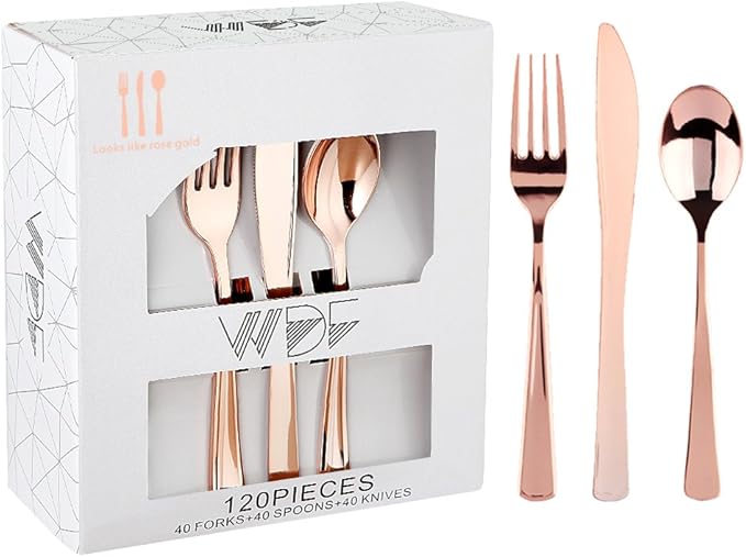 WDF 120 Pieces Rose Gold Plastic Silverware- Disposable Flatware Set-Heavyweight Plastic Cutlery- Includes 40 Forks, 40 Spoons, 40 Knives for Valentine's Day, Mother's Day,Wedding&Party
