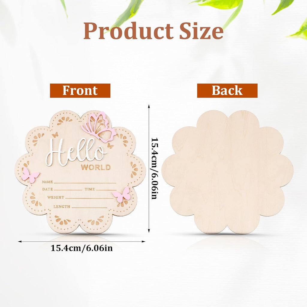 Nogeqi Hello World Newborn Sign, 6 Inch Pink Butterfly Baby Name Announcement Sign, Birth Announcement Signs, Wooden Baby Welcome Signs for Newborn Photo Props Babies Shower Hospital Nursery