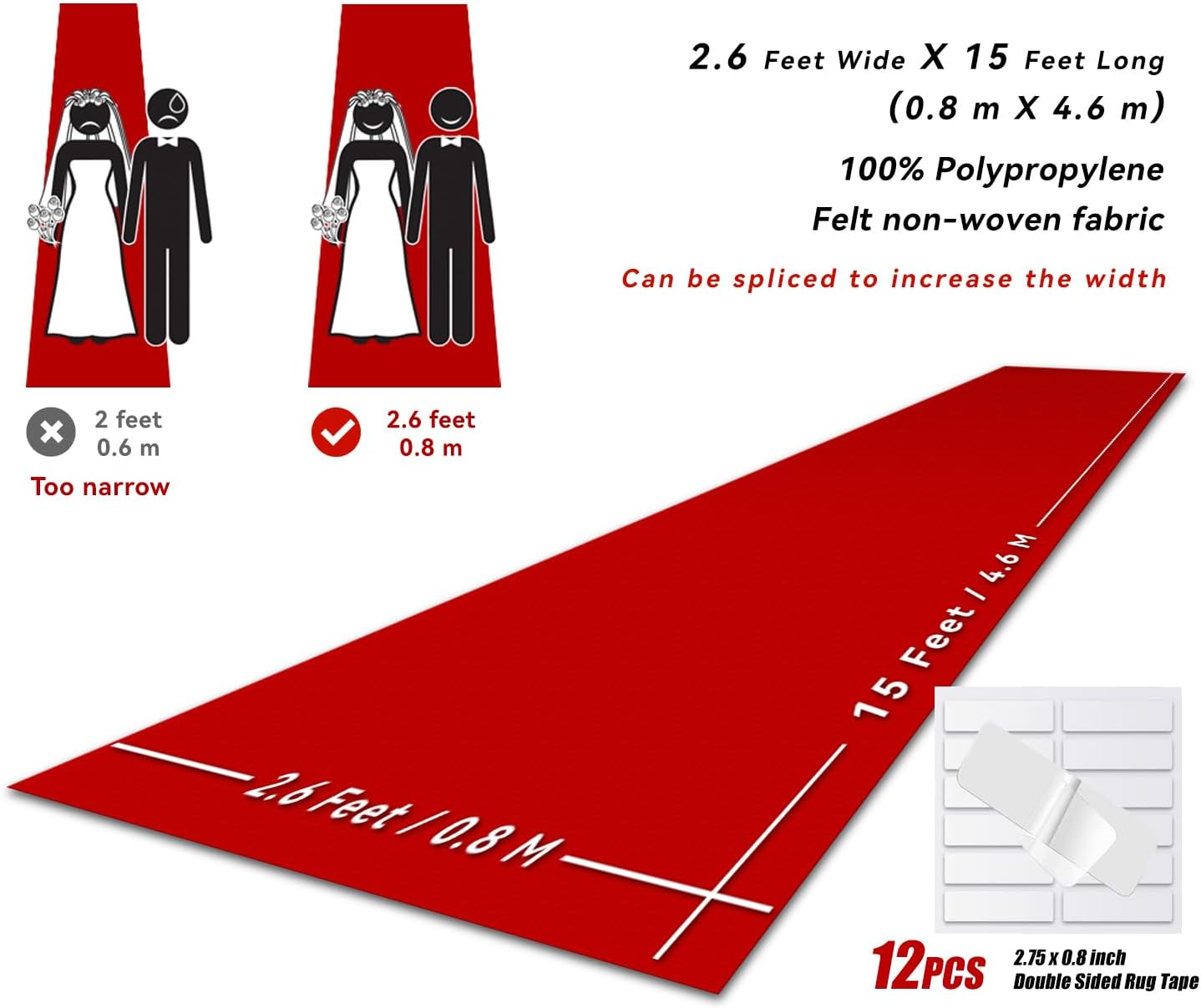 EZLucky Red Carpet Runner for Party, 2.6X15 ft, 130 GSM Felt Non-Woven Fabric, Hollywood Red Carpet for Event, Aisle Runner for Wedding Ceremony, Movie Theme Party Decorations, Red Runway Rug for Prom