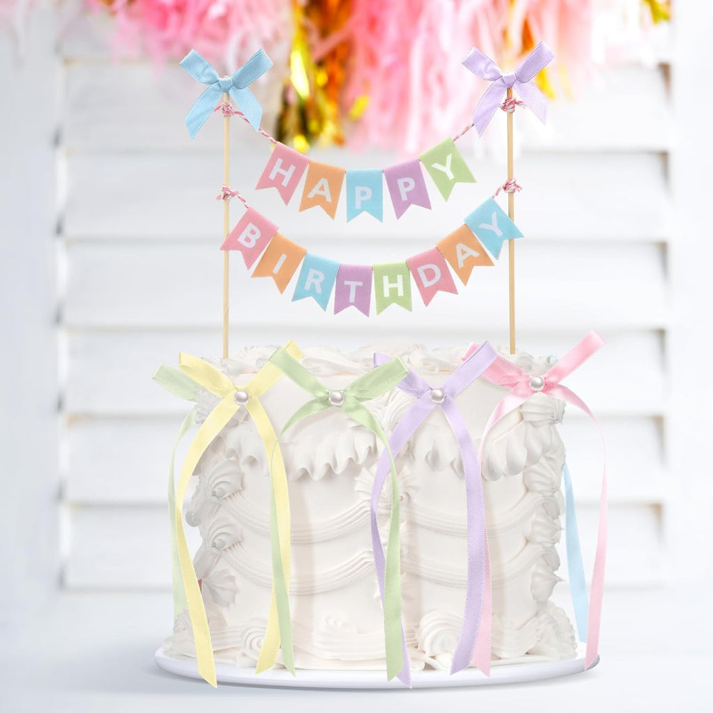 Honeydak 11 Pcs Pastel Bow Ribbon Cake Topper Happy Birthday Cake Bunting Topper with Wood Pole Handmade Pennant Flags with Bows Ribbon for Birthday, Bridal Party Decoration