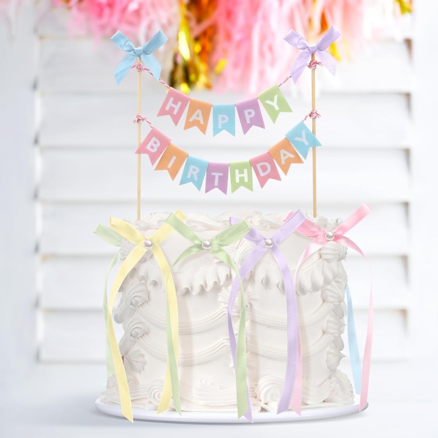 Honeydak 11 Pcs Pastel Bow Ribbon Cake Topper Happy Birthday Cake Bunting Topper with Wood Pole Handmade Pennant Flags with Bows Ribbon for Birthday, Bridal Party Decoration