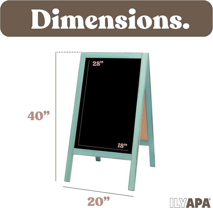 Ilyapa Wooden A-Frame Sign with Eraser & Chalk - 40 x 20 in Magnetic Sidewalk Chalkboard – Turquoise Menu Display for Restaurant, Business Or Wedding