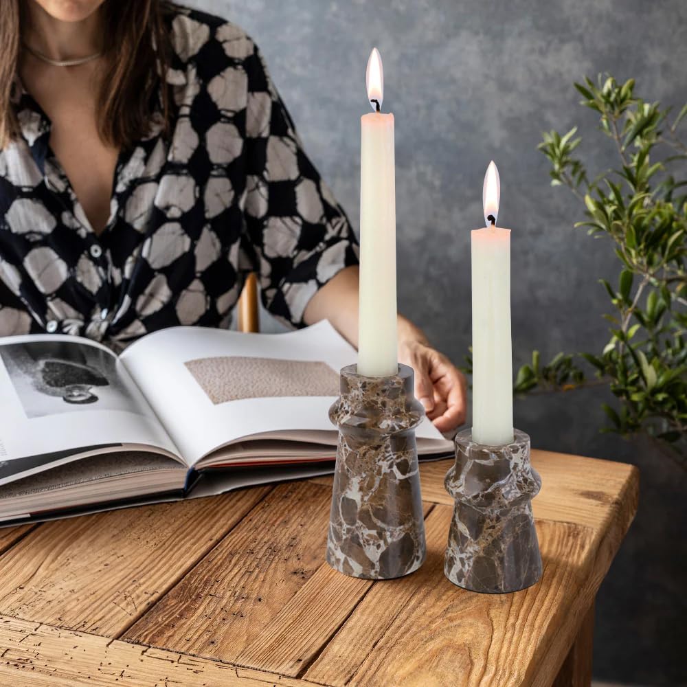 Vixdonos Marble Candle Holder Set of 2 Taper Candle Candlestick Mantle Candle Stand for Home Decor,Wedding,Party and Table Centerpieces(Brown)